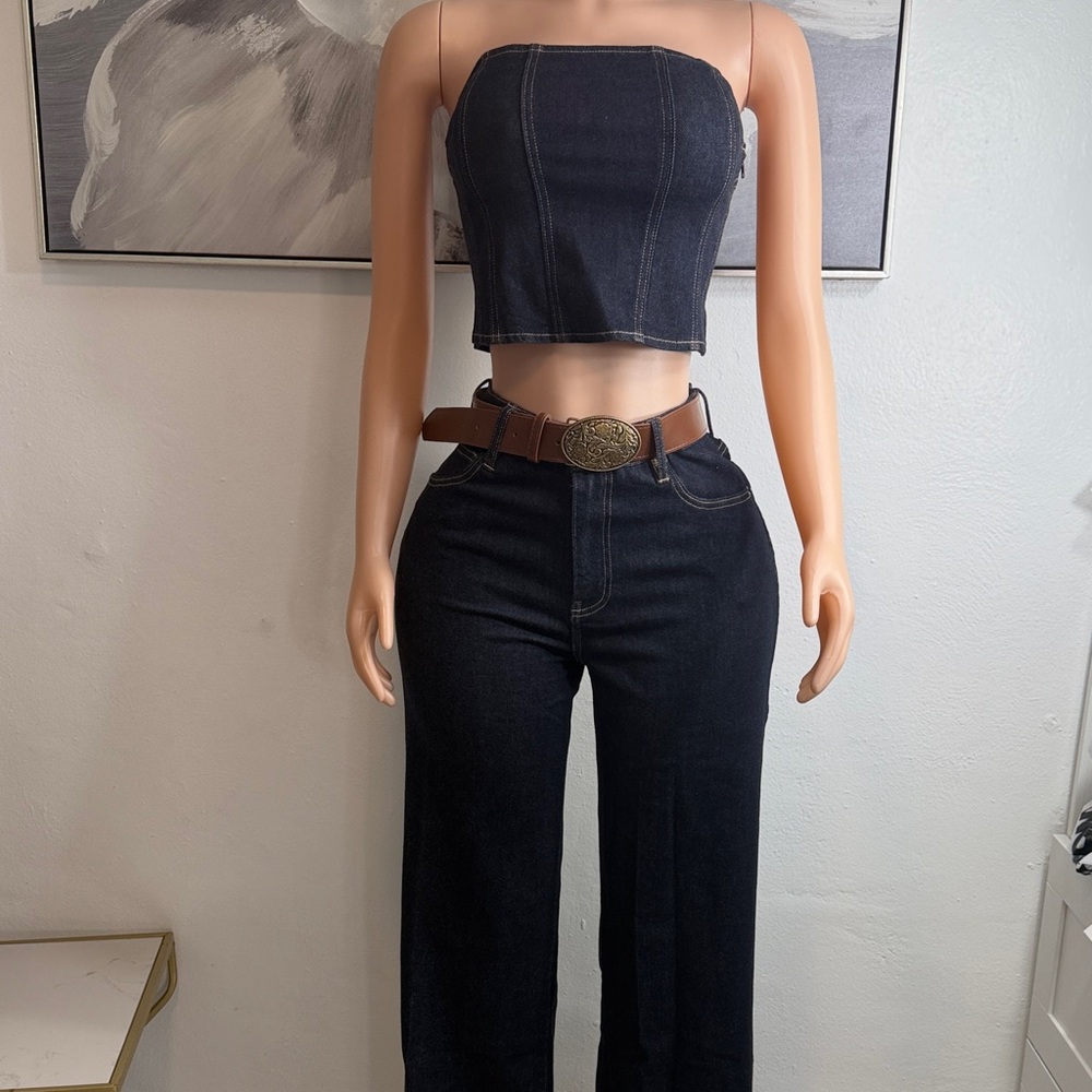Fashion Nova Dark Wash Denim Strapless Crop Top and High-Rise Jeans Set